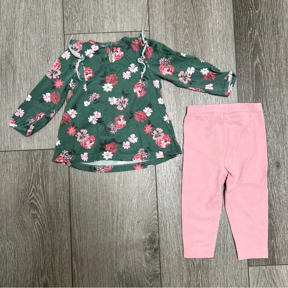 CARTERS 2PC LONG SLEEVE SHIRT AND LEGGINGS OUTFIT GREEN PINK 18MO